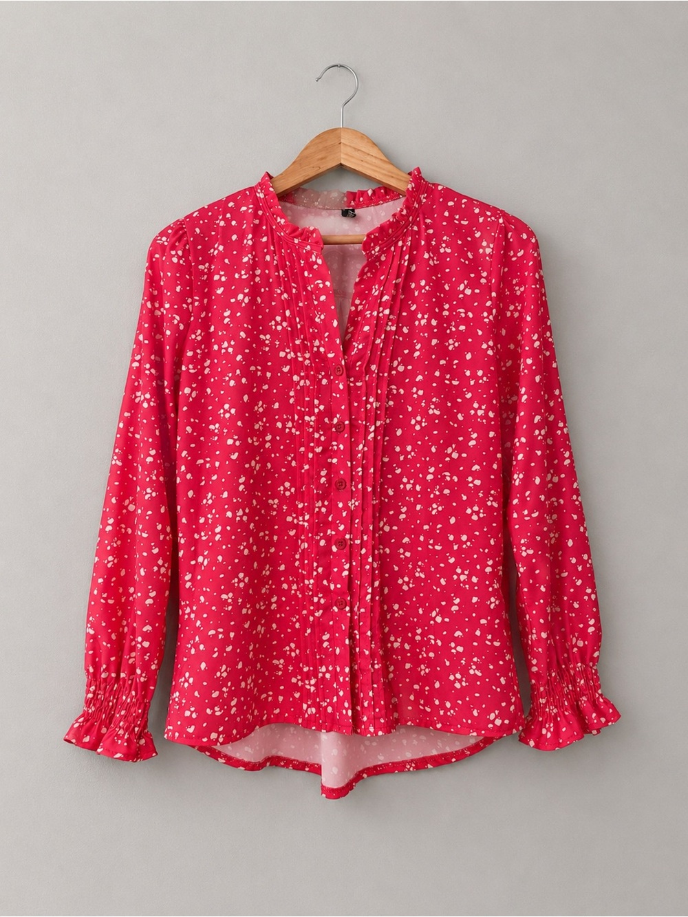 CiCi Bird Women’s Medium Pink White Speckled Ruffle Pintuck Button Blouse